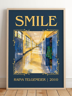 Smile Classic Book Art Print by Raina Telgemeier – framed print leaning on a wooden floor