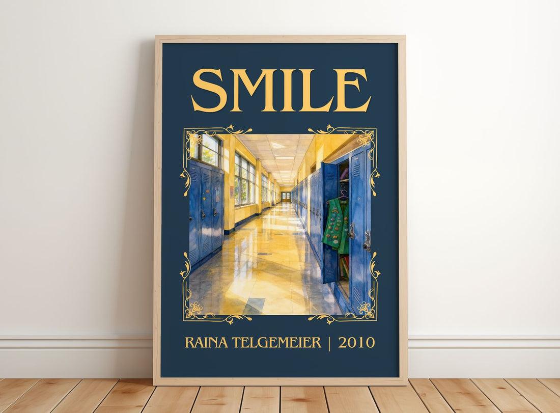 Smile Classic Book Art Print by Raina Telgemeier – framed print leaning on a wooden floor