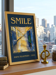 Smile Classic Book Art Print by Raina Telgemeier – framed print on a city-view windowsill