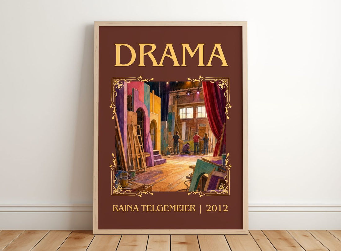 Drama Classic Book Art Print by Raina Telgemeier – framed print leaning on a wooden floor