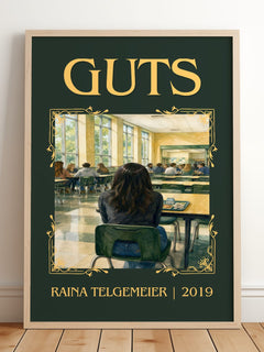 Guts Classic Book Art Print by Raina Telgemeier – framed print leaning on a wooden floor