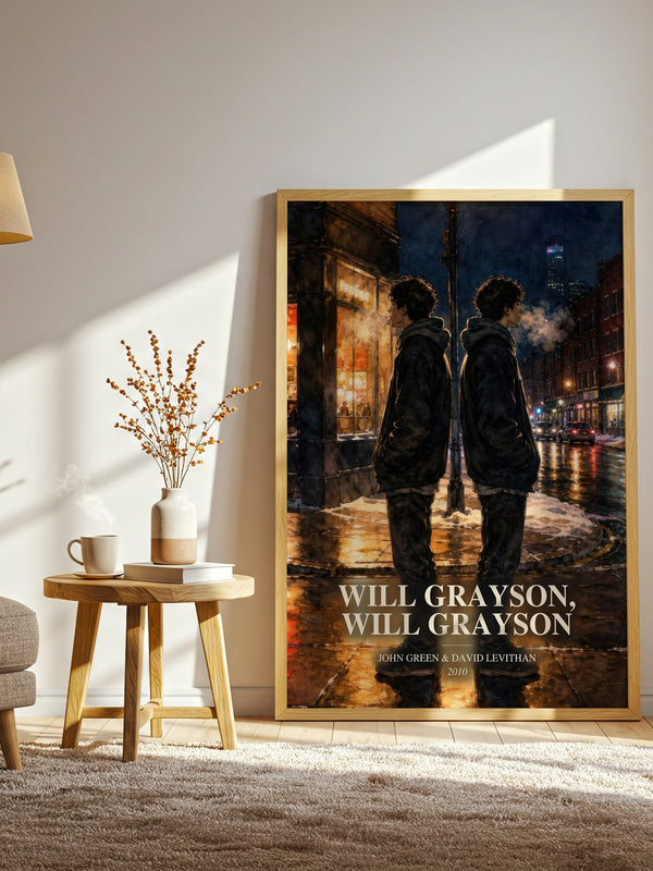 Will Grayson, Will Grayson watercolour print in frame leaning in hallway – young adult wall art