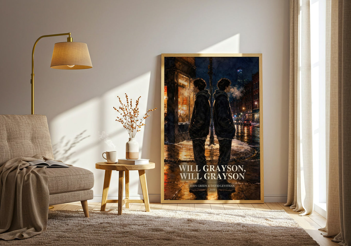 Will Grayson, Will Grayson watercolour print in frame leaning in hallway – young adult wall art
