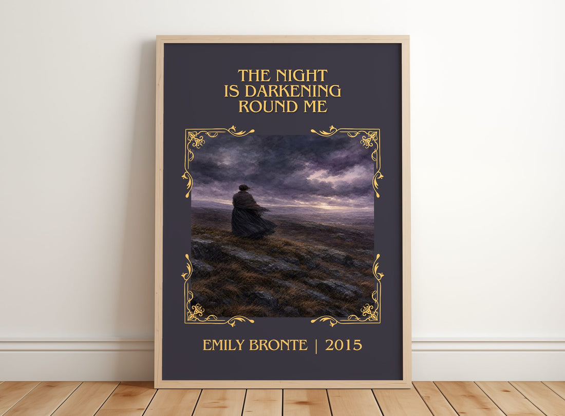 The Night is Darkening Round Me Classic Book Art Print by Emily Brontë – framed print leaning on a wooden floor