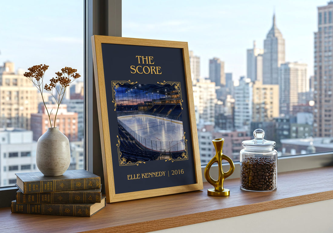 The Score Classic Book Art Print by Elle Kennedy – framed print on a city-view windowsill