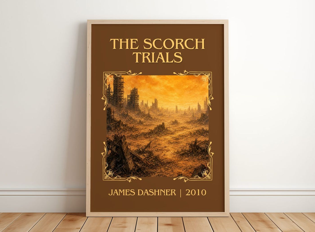 The Scorch Trials Classic Book Art Print by James Dashner – framed print leaning on a wooden floor