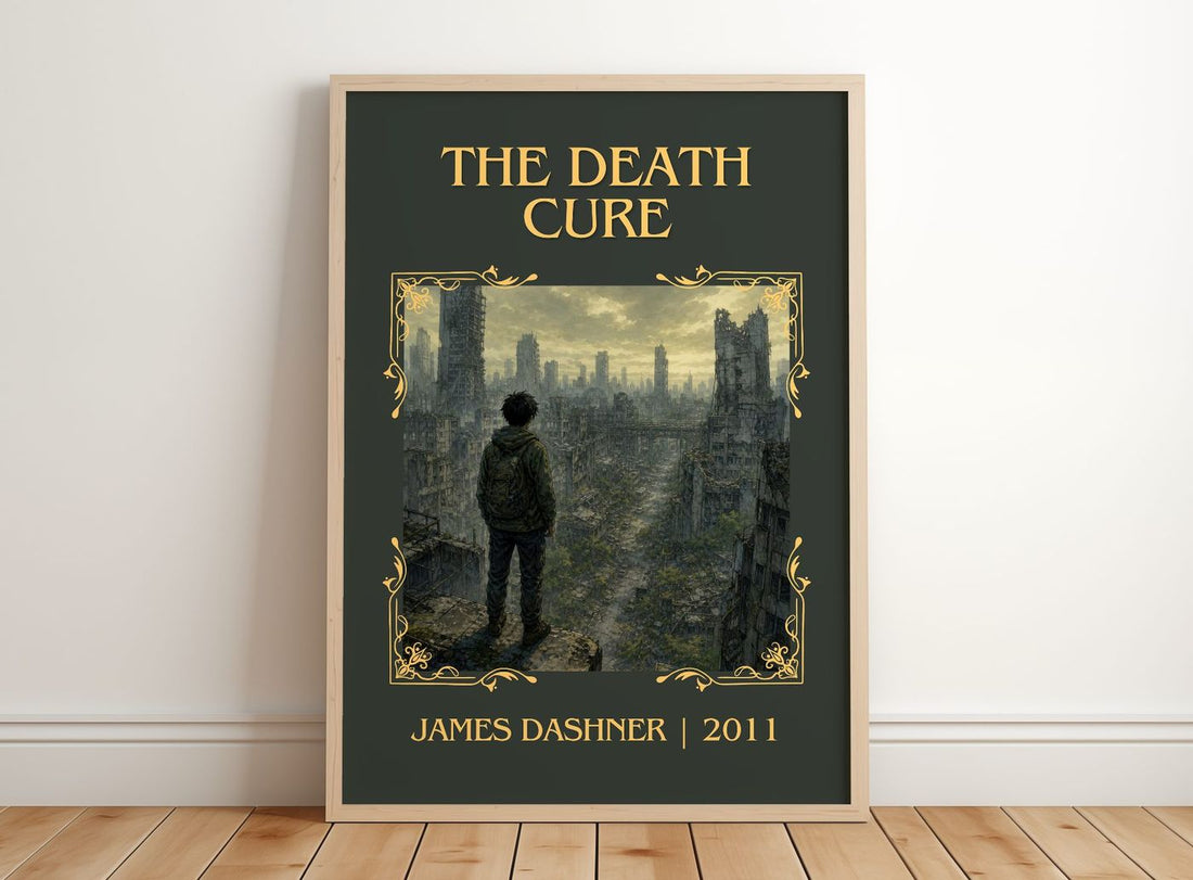 The Death Cure Classic Book Art Print by James Dashner – framed print leaning on a wooden floor