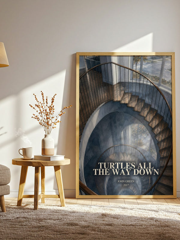 Turtles All The Way Down watercolour print in frame leaning in hallway – young adult wall art