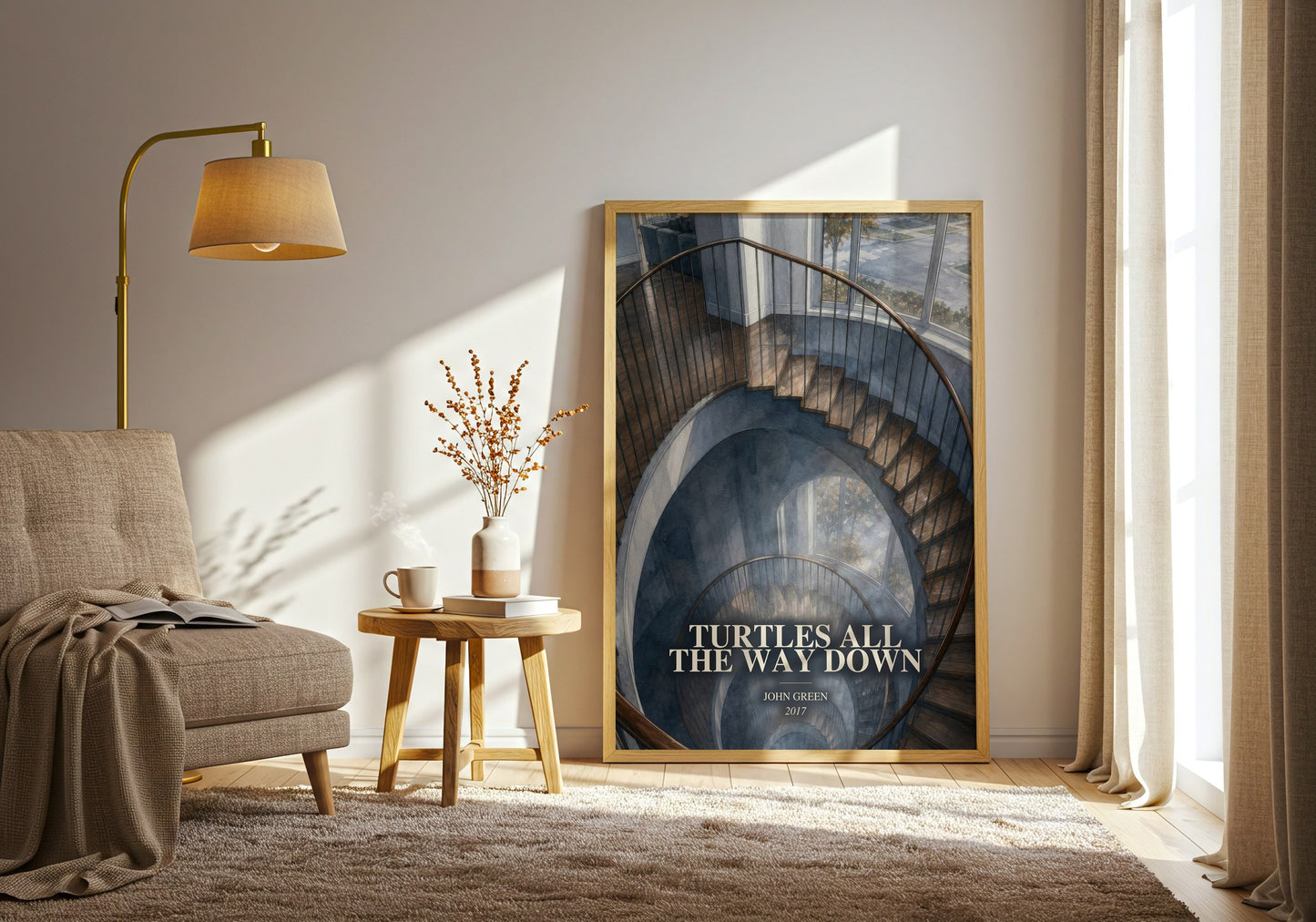 Turtles All The Way Down watercolour print in frame leaning in hallway – young adult wall art