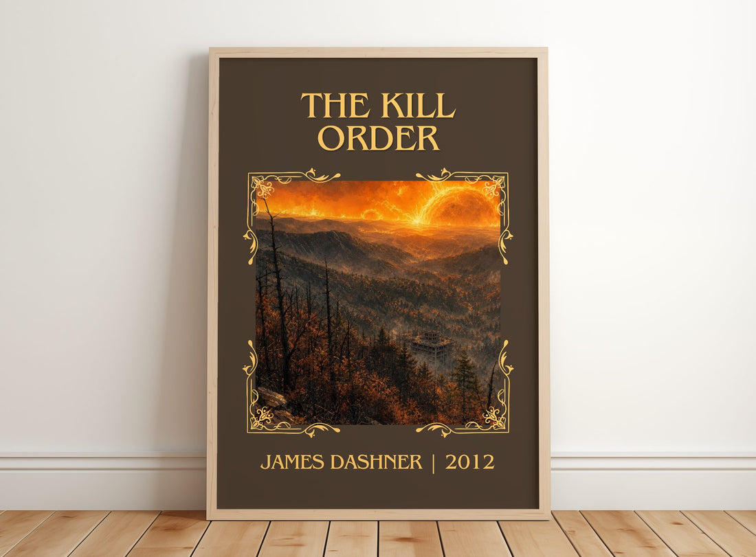 The Kill Order Classic Book Art Print by James Dashner – framed print leaning on a wooden floor