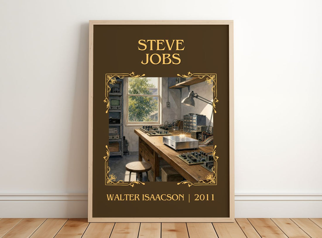 Steve Jobs Classic Book Art Print by Walter Isaacson – framed print leaning on a wooden floor