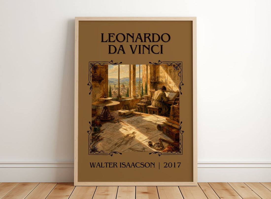 Leonardo da Vinci Classic Book Art Print by Walter Isaacson – framed print leaning on a wooden floor