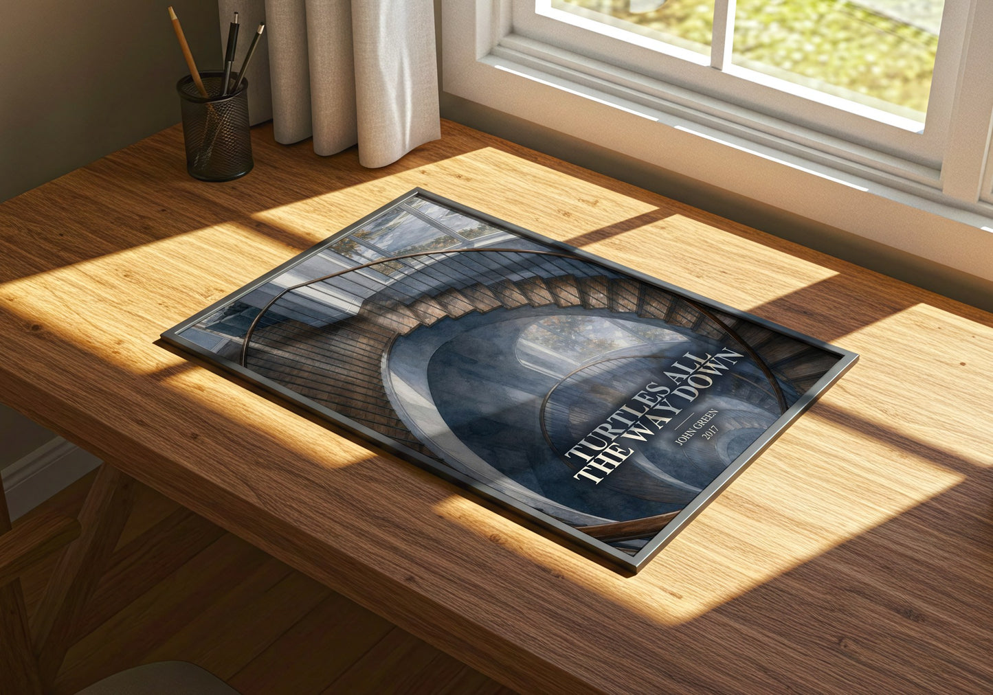 Turtles All The Way Down watercolour book poster framed on wall – young adult wall art