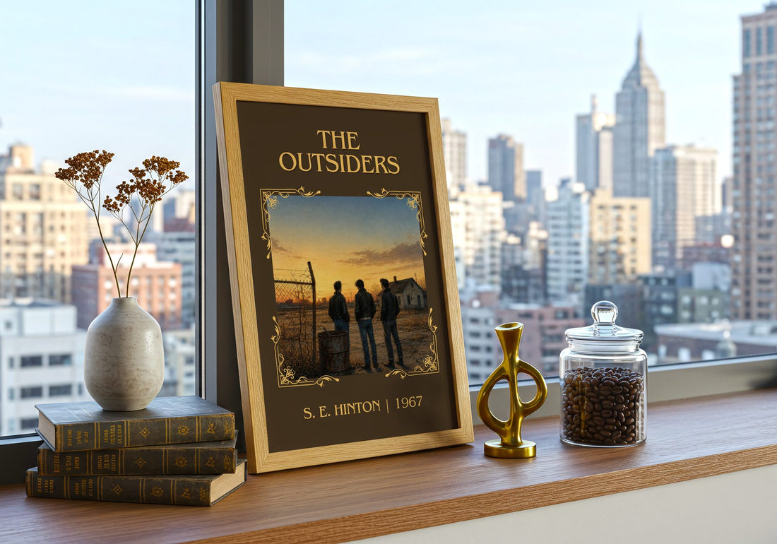 The Outsiders Classic Book Art Print by S. E. Hinton – framed print on a city-view windowsill