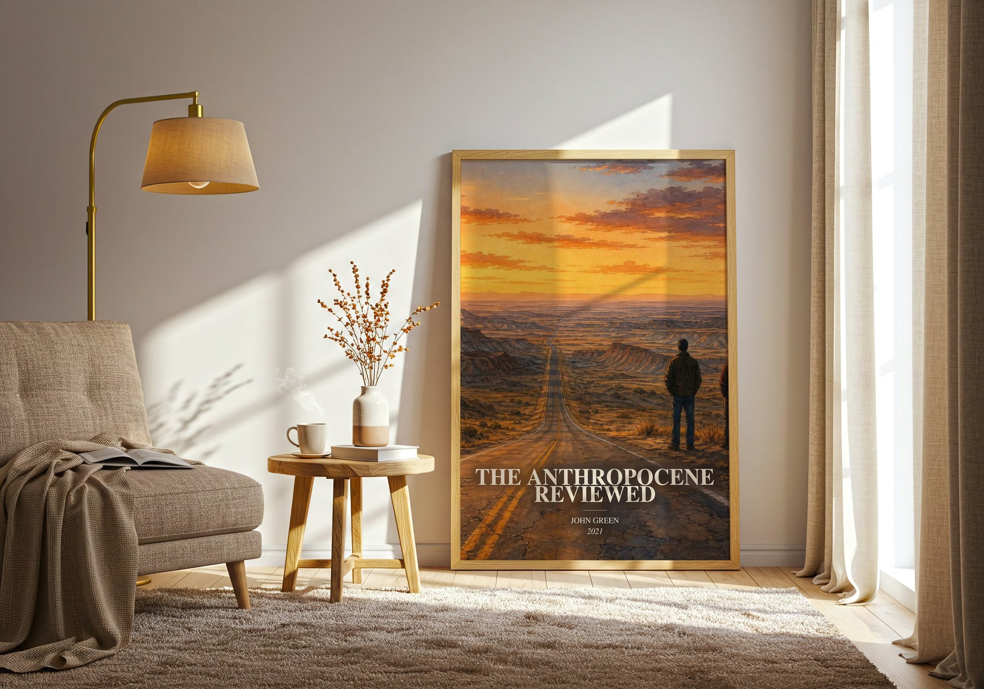 The Anthropocene Reviewed watercolour print in frame leaning in hallway – non fiction wall art