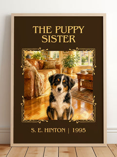 The Puppy Sister Classic Book Art Print by S. E. Hinton – framed print leaning on a wooden floor