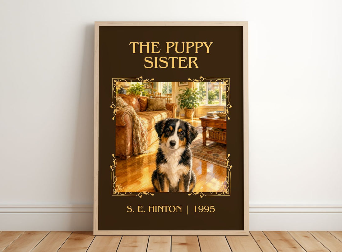 The Puppy Sister Classic Book Art Print by S. E. Hinton – framed print leaning on a wooden floor