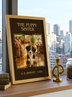 The Puppy Sister Classic Book Art Print by S. E. Hinton – framed print on a city-view windowsill