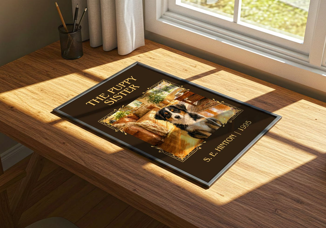 The Puppy Sister Classic Book Art Print by S. E. Hinton – print on a sunlit desk