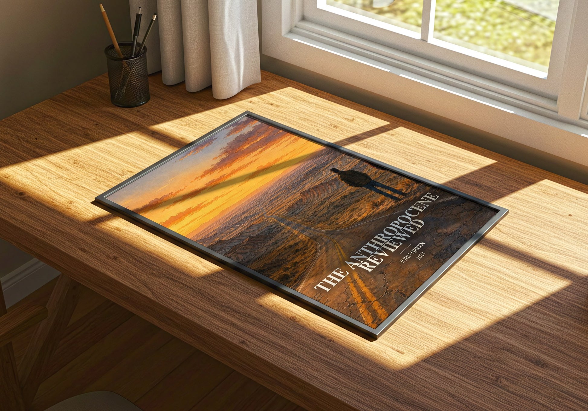 The Anthropocene Reviewed watercolour book poster framed on wall – non fiction wall art