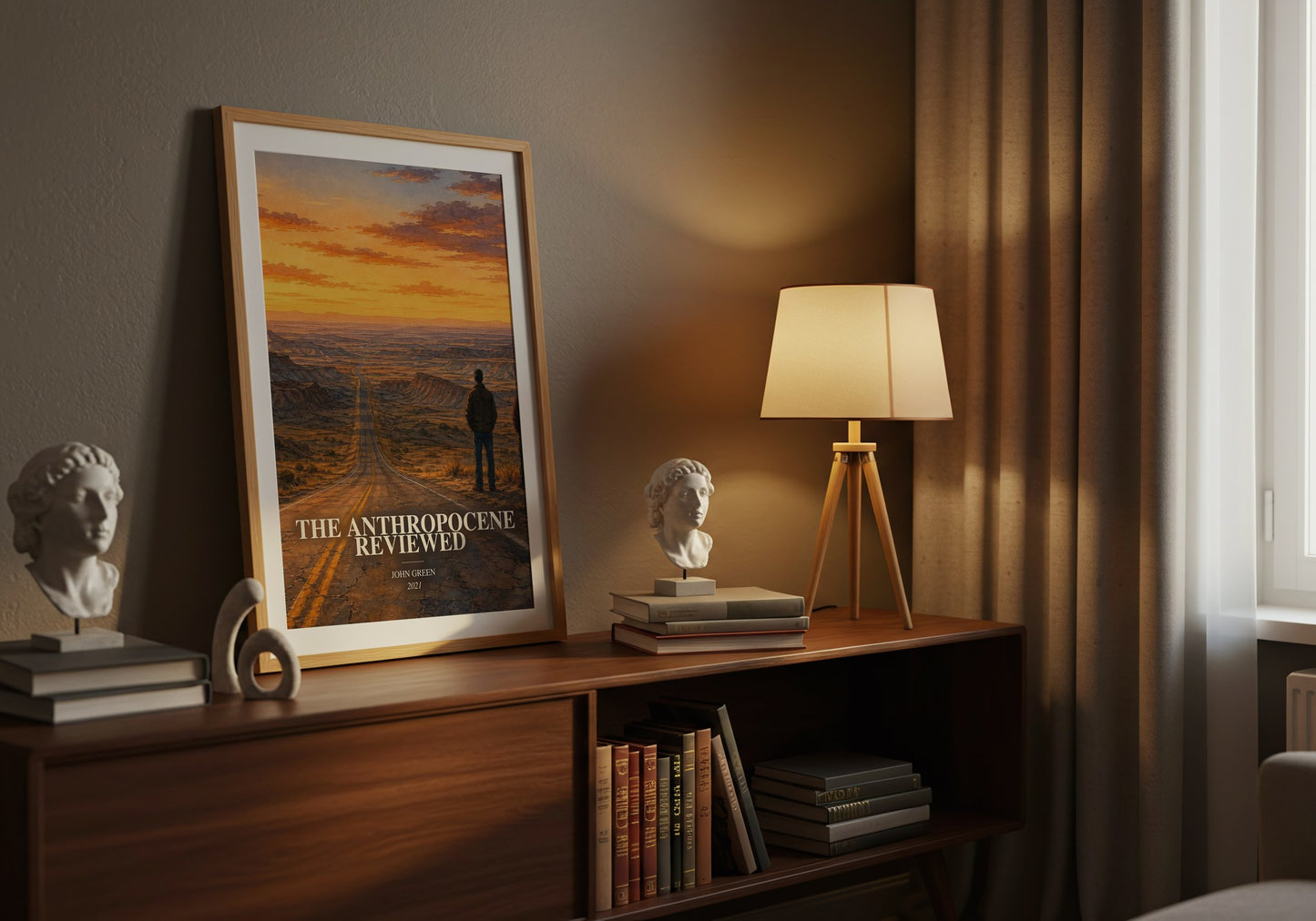 The Anthropocene Reviewed watercolour print on bookshelf – John Green fan gift