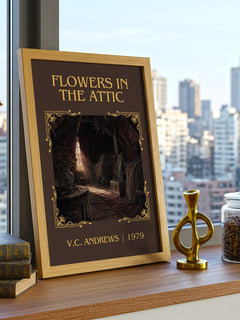 Flowers in the Attic Classic Book Art Print by V.C. Andrews – framed print on a city-view windowsill