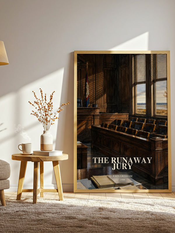 The Runaway Jury watercolour print in frame leaning in hallway – thriller wall art