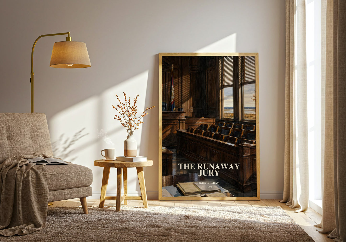 The Runaway Jury watercolour print in frame leaning in hallway – thriller wall art
