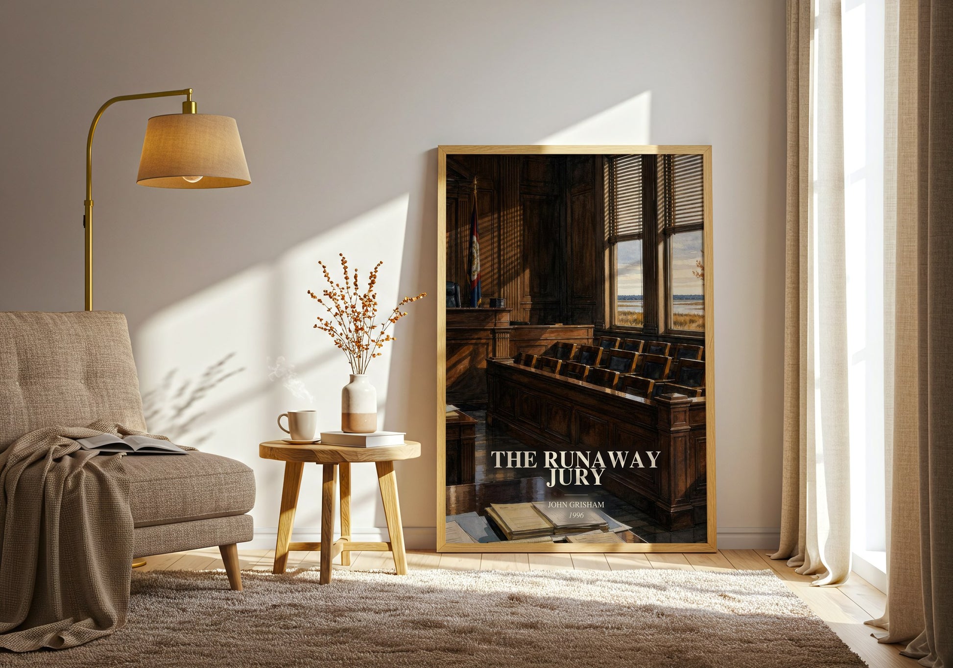 The Runaway Jury watercolour print in frame leaning in hallway – thriller wall art