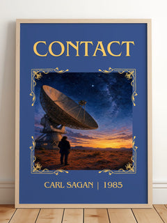 Contact Classic Book Art Print by Carl Sagan – framed print leaning on a wooden floor