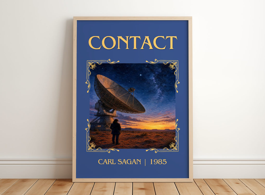 Contact Classic Book Art Print by Carl Sagan – framed print leaning on a wooden floor