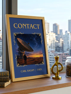 Contact Classic Book Art Print by Carl Sagan – framed print on a city-view windowsill