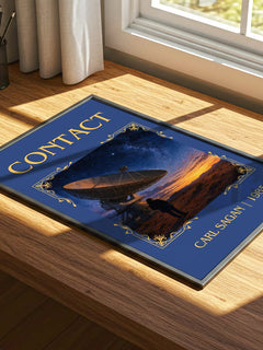 Contact Classic Book Art Print by Carl Sagan – print on a sunlit desk