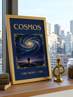 Cosmos Classic Book Art Print by Carl Sagan – framed print on a city-view windowsill