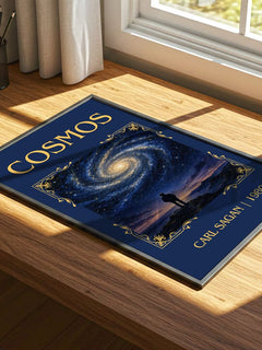 Cosmos Classic Book Art Print by Carl Sagan – print on a sunlit desk
