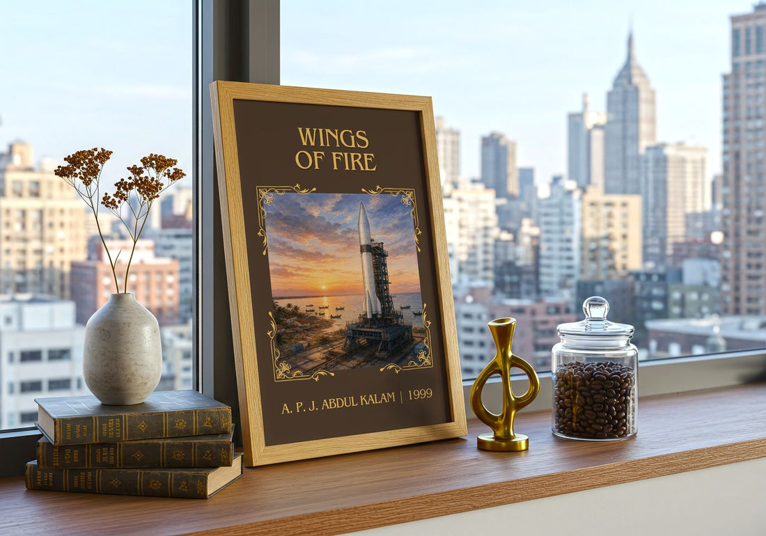 Wings of Fire Classic Book Art Print by A. P. J. Abdul Kalam – framed print on a city-view windowsill