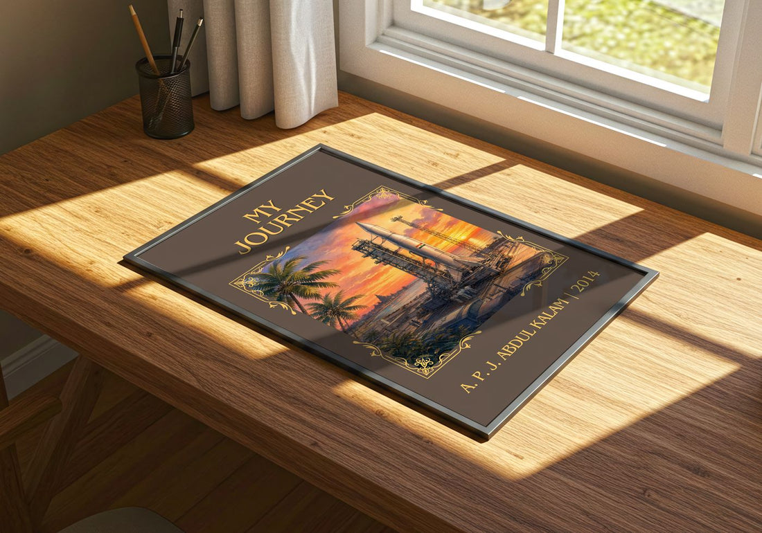 My Journey Classic Book Art Print by A. P. J. Abdul Kalam – print on a sunlit desk