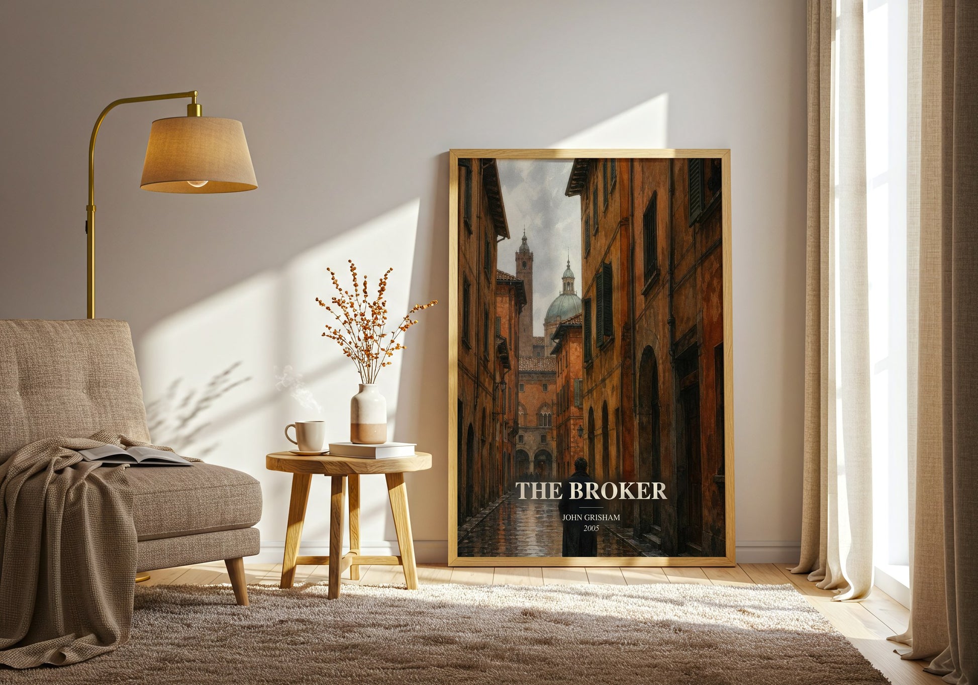 The Broker watercolour print in frame leaning in hallway – thriller wall art