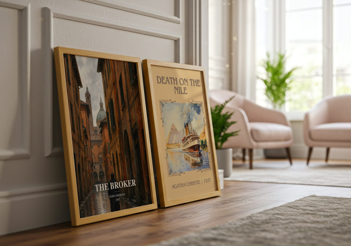 The Broker watercolour print framed by window – literary home decor