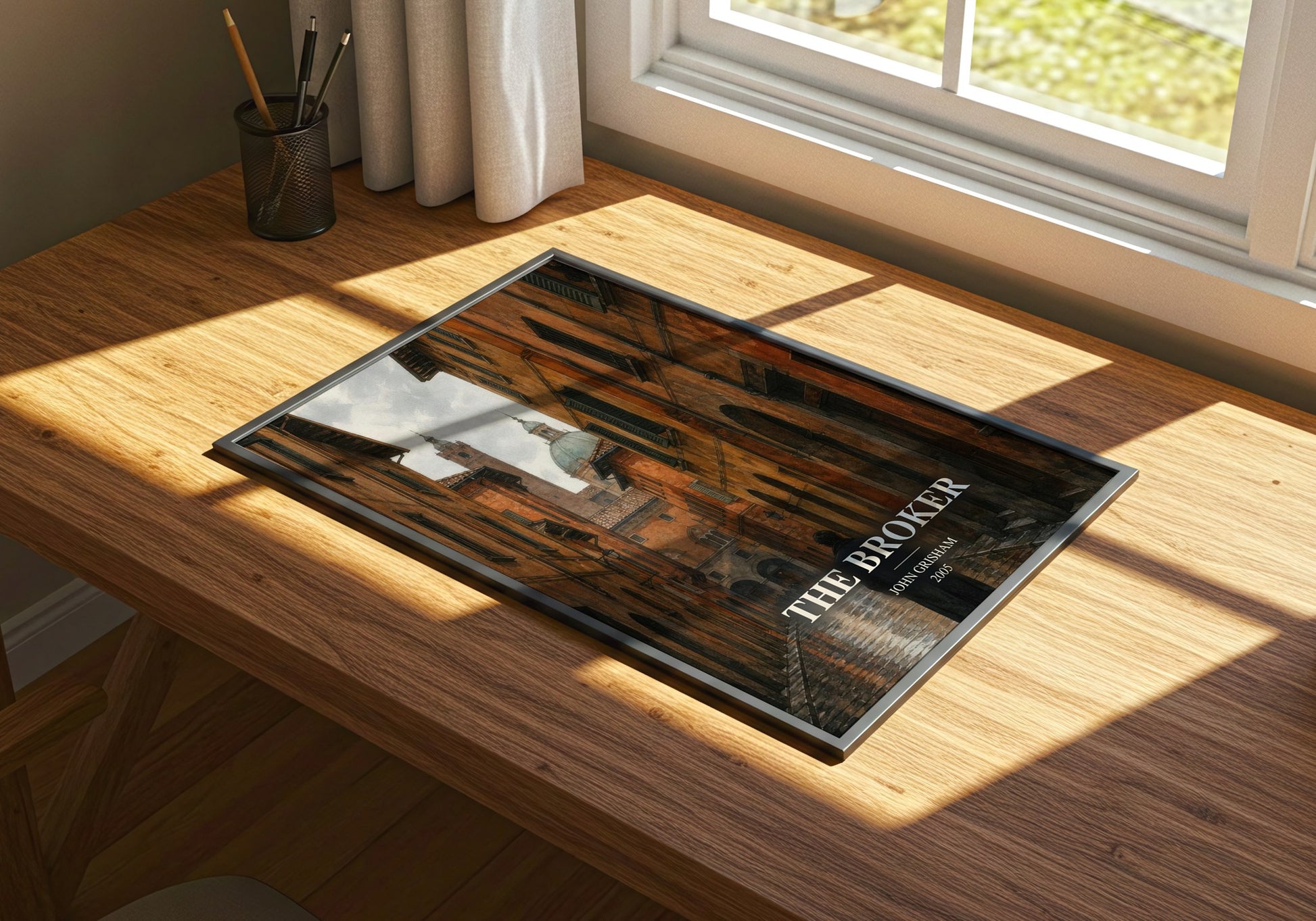 The Broker watercolour book poster framed on wall – thriller wall art