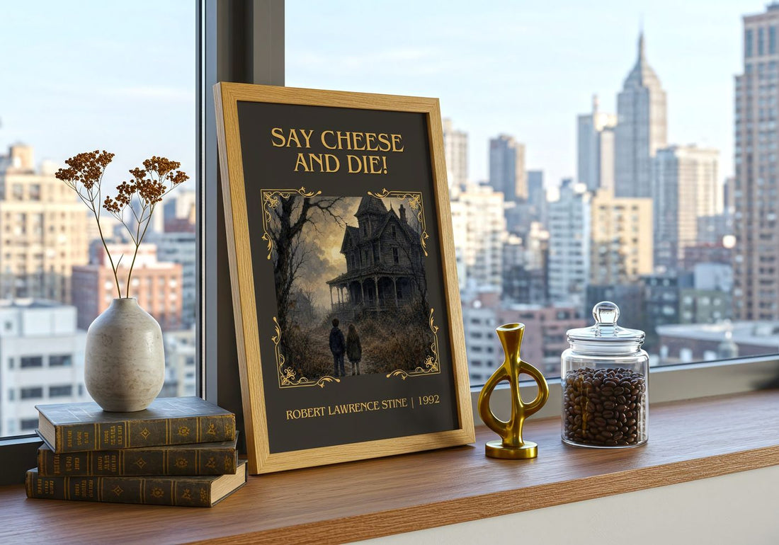 Say Cheese and Die! Classic Book Art Print by Robert Lawrence Stine – framed print on a city-view windowsill