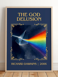 The God Delusion Classic Book Art Print by Richard Dawkins – framed print leaning on a wooden floor
