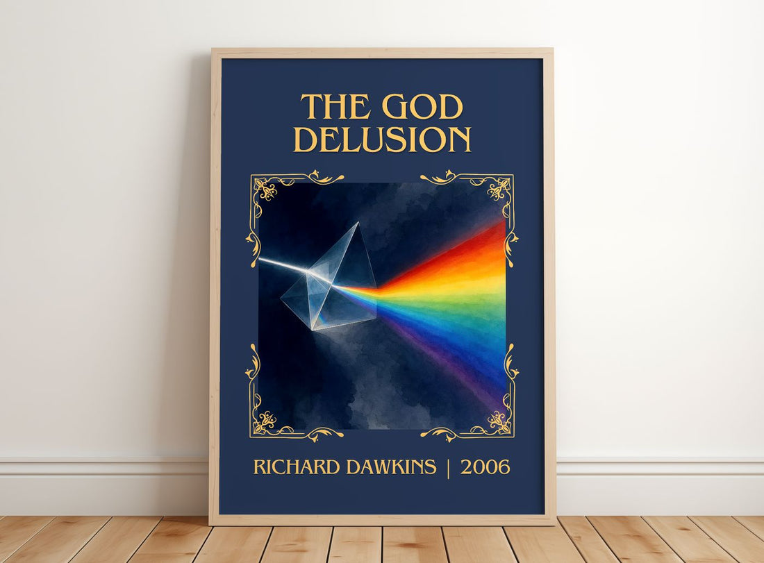 The God Delusion Classic Book Art Print by Richard Dawkins – framed print leaning on a wooden floor