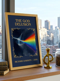 The God Delusion Classic Book Art Print by Richard Dawkins – framed print on a city-view windowsill