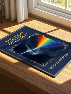 The God Delusion Classic Book Art Print by Richard Dawkins – print on a sunlit desk