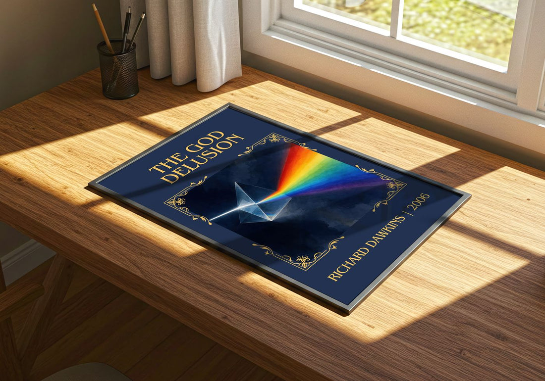 The God Delusion Classic Book Art Print by Richard Dawkins – print on a sunlit desk