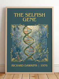 The Selfish Gene Classic Book Art Print by Richard Dawkins – framed print leaning on a wooden floor
