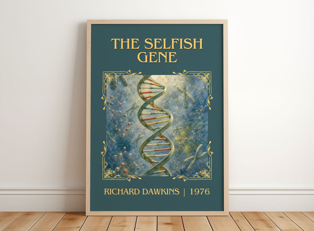 The Selfish Gene Classic Book Art Print by Richard Dawkins – framed print leaning on a wooden floor