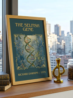 The Selfish Gene Classic Book Art Print by Richard Dawkins – framed print on a city-view windowsill