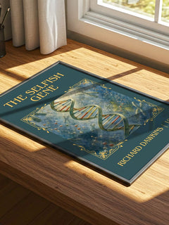 The Selfish Gene Classic Book Art Print by Richard Dawkins – print on a sunlit desk